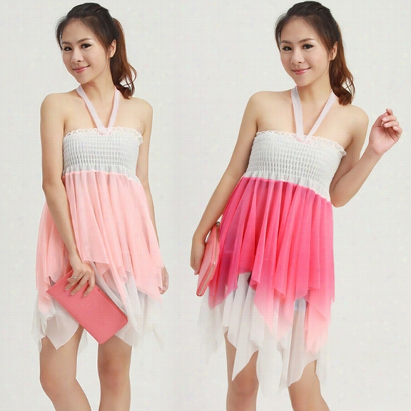 Korean Fashion Sexy Women Slee Veless Halter Contrast Disguise Chiffon Irreuar Beach Dress