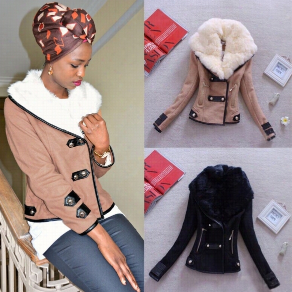 New Casual Women's Fur Lapel Collar Long Sleeve Short Jacketcoat