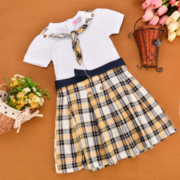 New Cute Kids Girls Fashion O-neck Short Sleeve Patchwork Plaid Dress With Belt