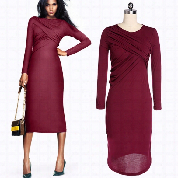 New Fashion European Manner Woman Of Refinement Women's Drape Slim O-neck Long-sleeved Dresss