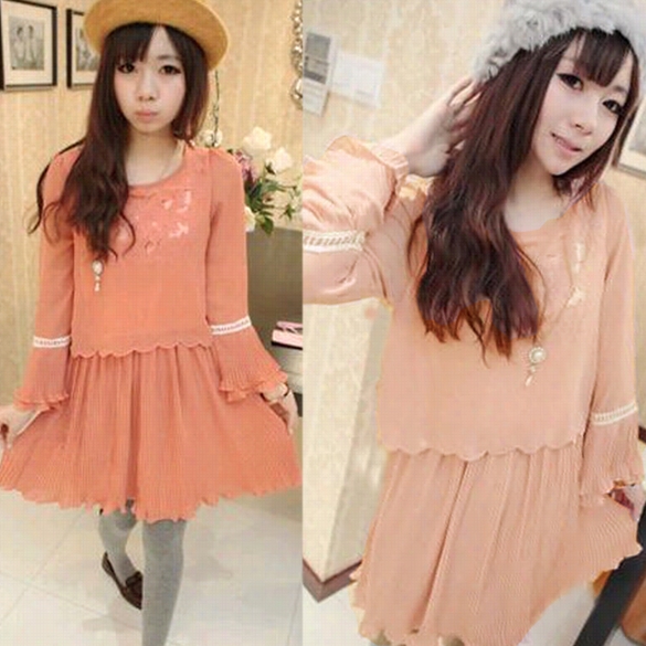 New Fashion Sweet Women's Girl Trumpet Sleeve Round C Ollar Chifffon Dress Colors