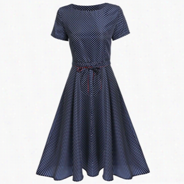 New Fashion Women Casual Dot Print O-neck Short Sleeve A-line Mid-calf Dress