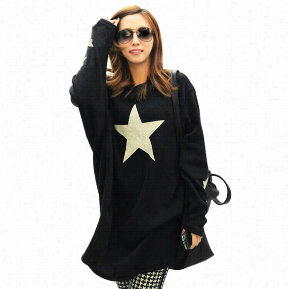 New Fashion Women Casual Loose Not Directly Neck Batwing Long Sleeve Extend Star Print T  Shirt Tops