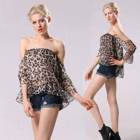 New Fashion Women Casual Sexy Leopard 3"4 Sleeve Strapless Off Shoulder Tlps Chiffon Shirt