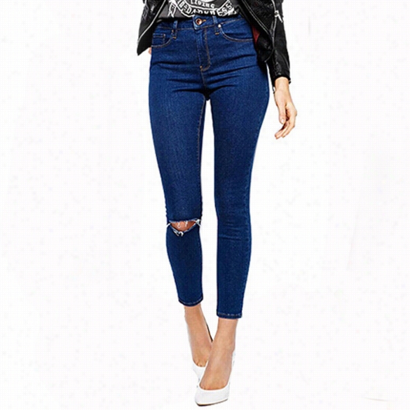 Nww Fashion Women Ladies Denim Medium Waist Pure Color Hollow Out Slim Leg Stretch Bodycon Jeans Pnts Trousers Blue