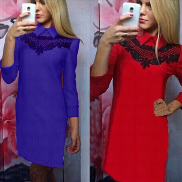 New Fashion Women Long Sleeve Lapel Solid Color Lace Splicing Zipper Casual Dress