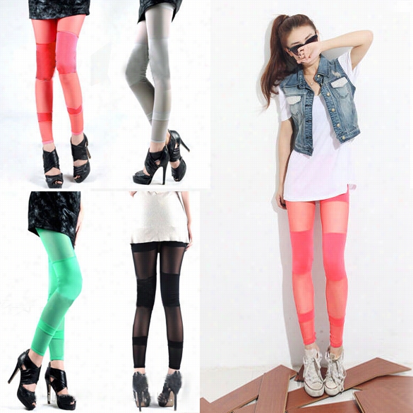 New Fashion Women Net Yarn Imitation Lather Pants Splicing Stripe Legging