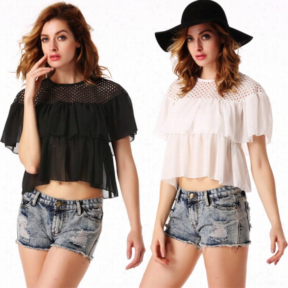 New Fashion Women O- Neck Patchhwork Multilayer Casual Hollow Out Chiffon Top Blouse