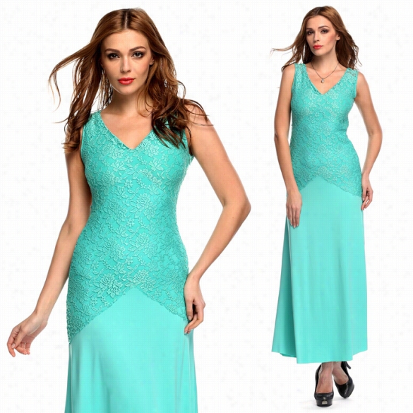 New Fashion Woemn Sexy V-neck Slleeveless Lace Patchwork Br Idesmaid Gown Ball Party Cocktail Eening Maxi Dress