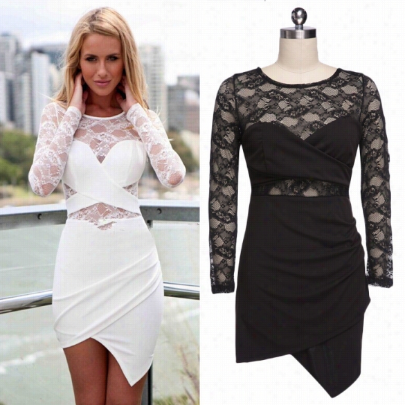 New Fashion Women's Sexy Lace Splicing Lng Sleeve O-neck Zipper Irreg Ular Short Dress