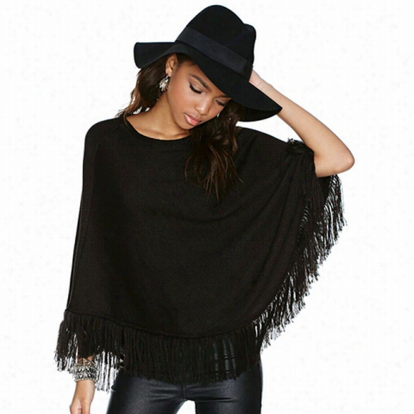 Repaired Lady Women's Fashion Long Sleeve O-neck Casual Tassel Poncho Cloak Top Coat