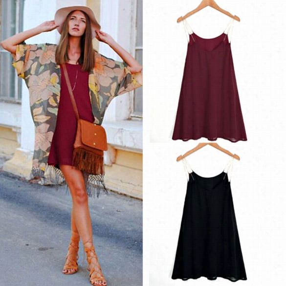 New Lady Women's Fashion Sexy Sleeveless O-neck Chain Straps Dress