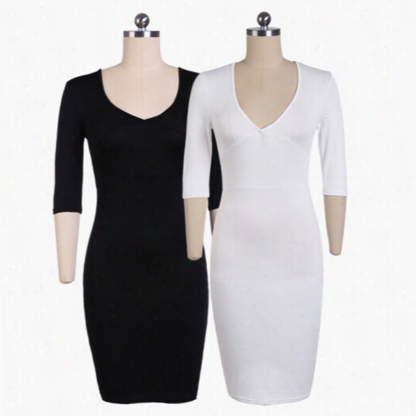 New Lady Women's Sexy Fashion Ohllow Out V-neck Medium Sleeve Bodycon Dress