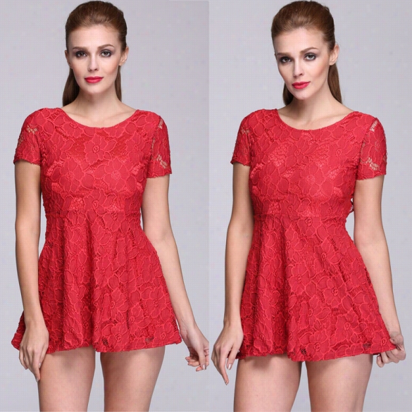 New Stylish Lady Women's Lace Short Sleeve O-neck Sexy Backless Dress Homecoming Dress