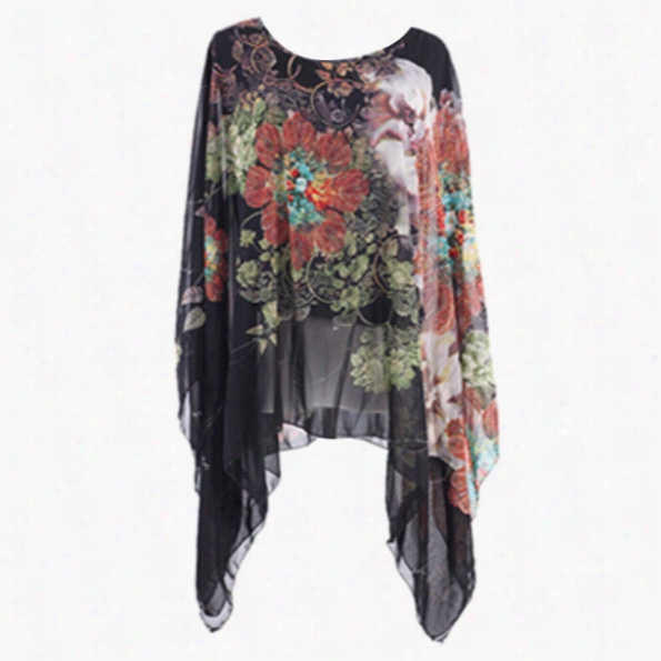 New Stylish Women's Casual Loose Floral Pinting Batwing Shirt Chiffon Blouse Tops