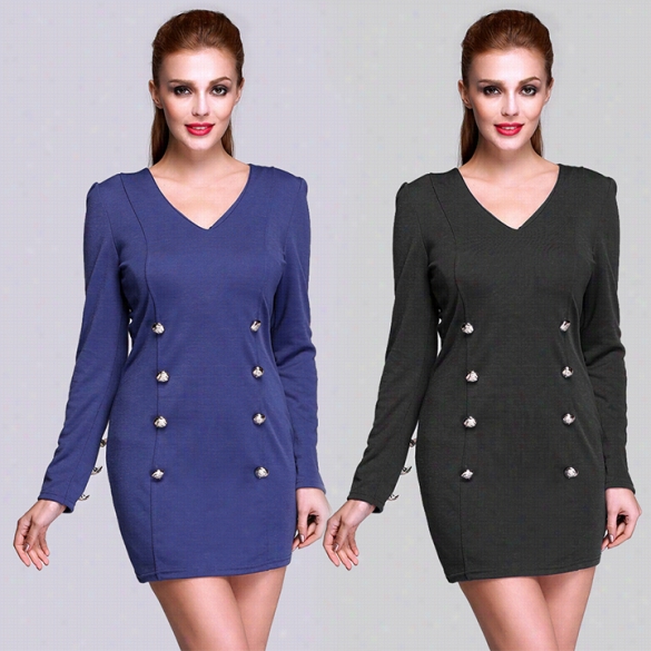 New Stylish Women's Fashion Casual Partyv-neck Long Sleeve Double Breasted Mjni Dress