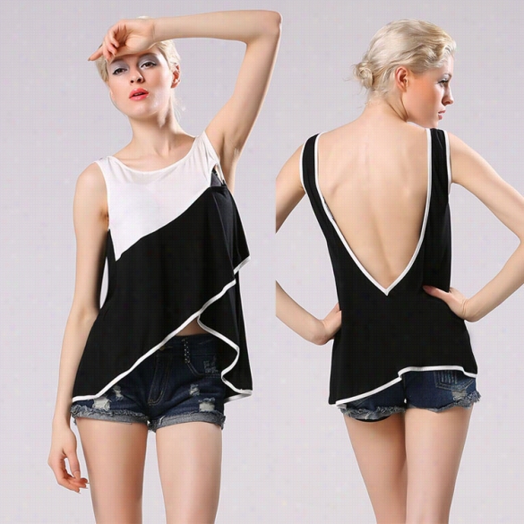 Ne W Women Sex  Yo-neck Backless Sleeveless Patchwork Anomalous Hem Casual Tank Tops