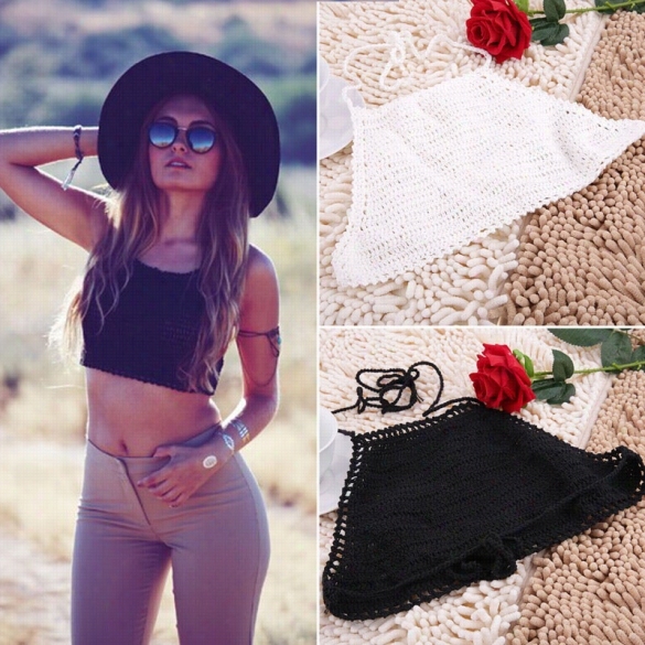 New Women 's Sexy To P Swi Mwear Crop Tos Swimsuit Handmade Knit Cohet Bikini