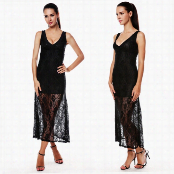 Sexy Women Lace Crochet V-neck Sleeveless High Waist Bodyycon Slim Maxi Party Dress