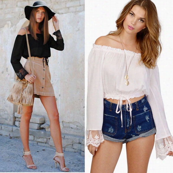 Sexy Women Off Shoulder Long Lace Hem Sleeve Casual Crop Tops Blouse