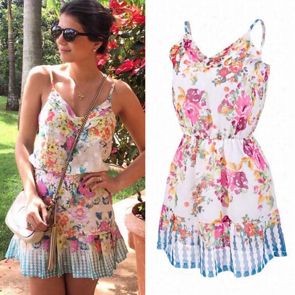 Sexy Women V-neck Floral Impression Slim Elastic Waist Beach Chiffon Spaghteti Strap Mini Clothes