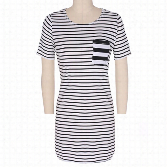 Stylish Ladies Women Casual Short Sleeve Black White Stripe Mini Shift Dress