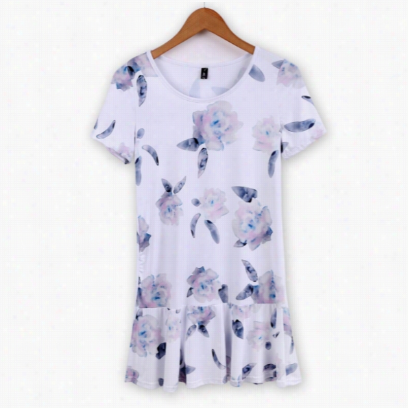 Stylish Ladies Women  Fashion Casual Short Sleeve Flower Print Pleated Hem Dress