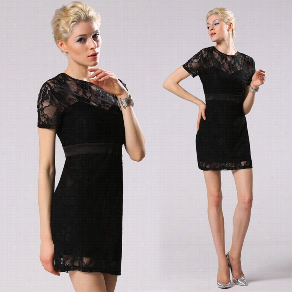 Stylish Lady Women's Fashion Elegant Lace O-neck Hollow Out Short Sleeve Drress