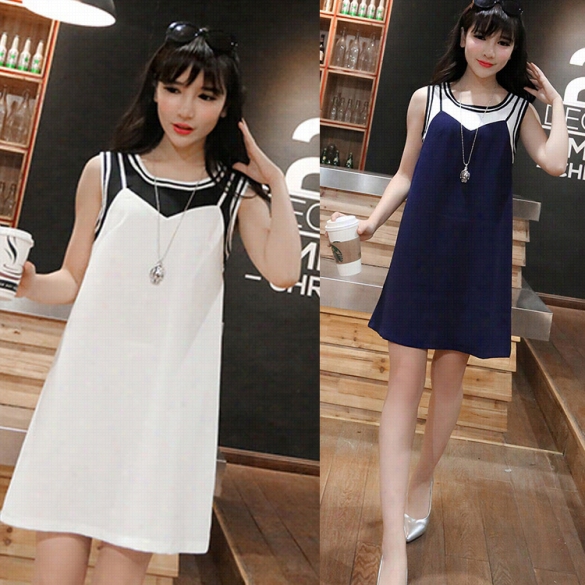 Stylish Lady Women's Fashion On-eck Sleeveless Stitching Color Straight Shift Dress