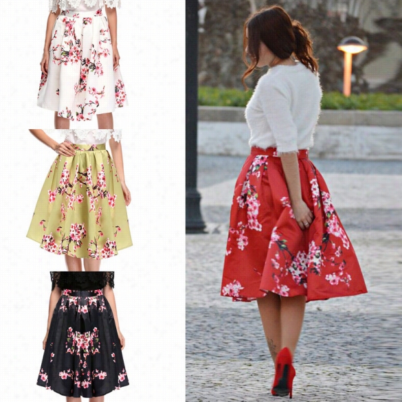 Stylish Lady Wome'ns Retro Floral Pleated Skirt Casual Party Swing Skirt