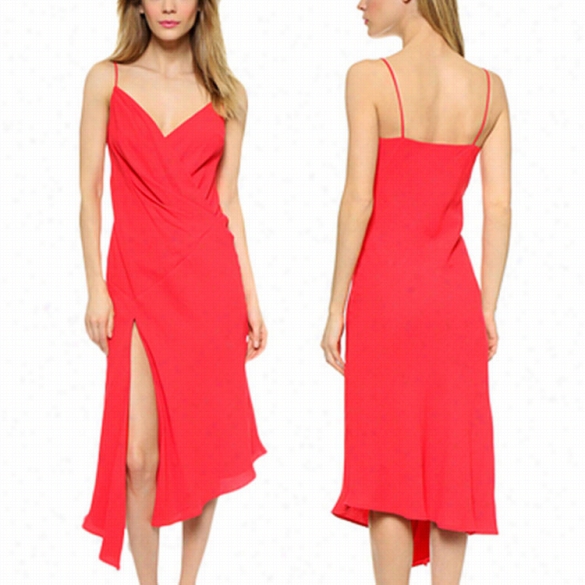 Stylish Women Ladi Es Sexy V-neck Strap Chiffon Side Split Asymmetric Hem Party Mild-calf Dress