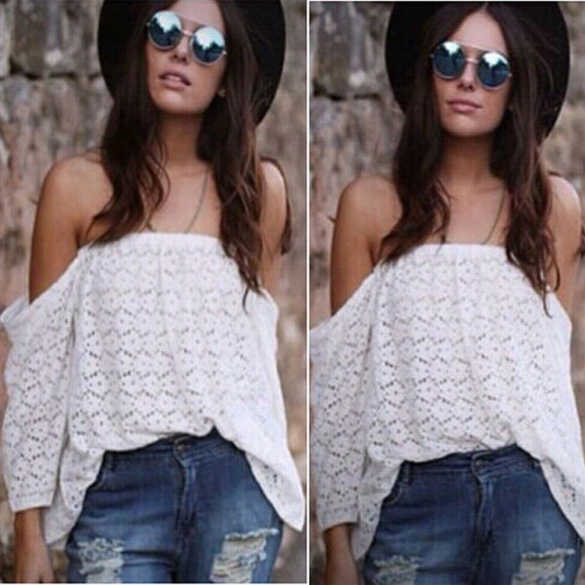 Stylish Women's Fashion Sexy Off-shoulder Backless Boat Neck Lace Long Sleeve White Tops Blouse Tops