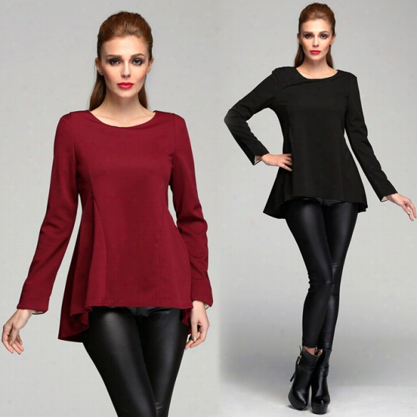 Stylish Women's Long Sleefe O-neck Casual Flouncing Hem Hirt Blouse Tops