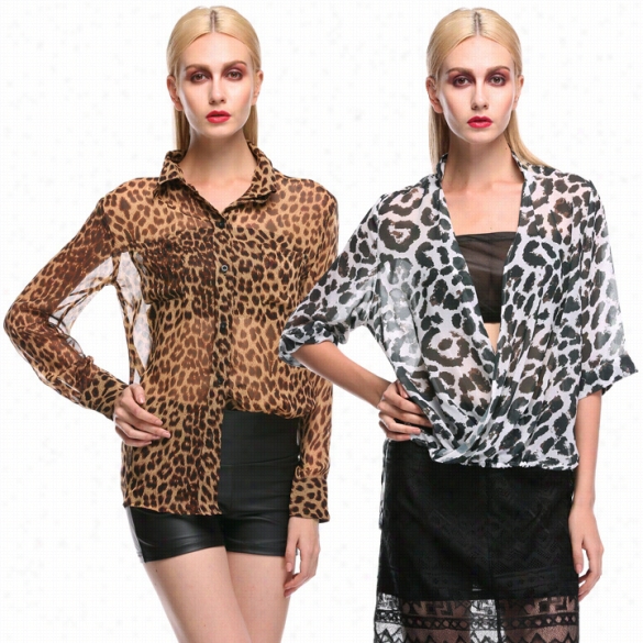 Stylish Women's Sexy Loose Long Sleeve V-neck Leopar Pprint Chiffon Blousee Tops Shirt