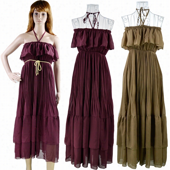 Women Bohemia Pleated Halter Neck Flounced Tube Top Strapless Maxi Long Chiffon Dress