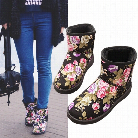 Women Casual Warm Boots Floral Round Toe Flat Plush Thicken Short Snow Boots