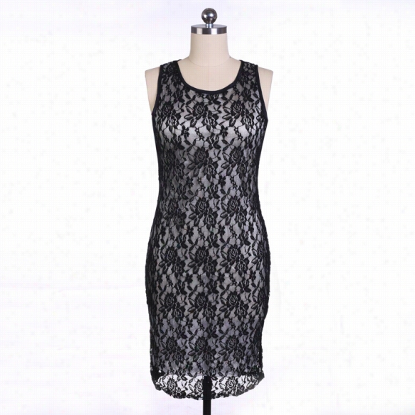 Women Fashion European And American Style Sexxy Slim Round Neck Sleeveless Floral Lace Solid Pencil Dress