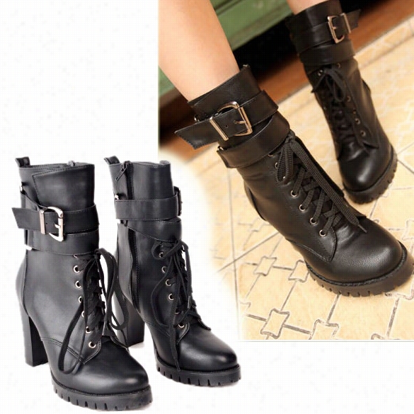 Women Ladies Blac Ksynthetic Leather Lace Up High Heel Ccasual Leisure Boots