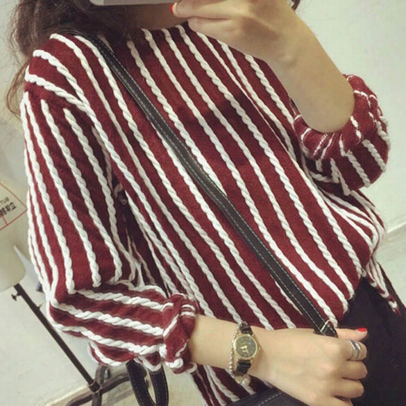 Women Long Sleeve Twisted Vertical Striped Casual Asymmeetrical Pullover Sweated