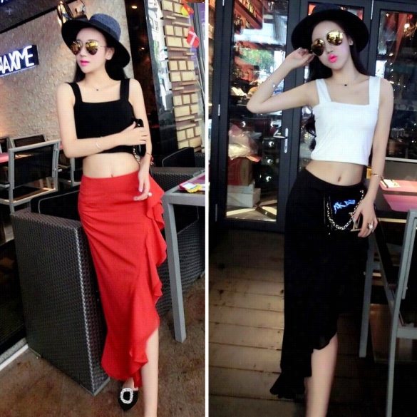 Women Two Ppkecess Et Fashion Secy Sleeveless Short Strap Tank Tops Irregular Ruffle Solid Skirt Contribute Party Wear