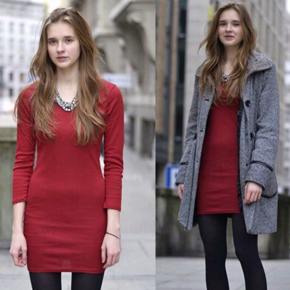 Women's New Fashion Uutmn And Winter Fitted V-neck Knit Pencil Dress