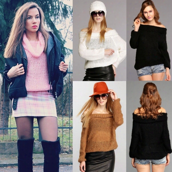 Women's  Retro Fold Collllar Long  Sleeve Loose Sweater Knitted Pulllover Winter Tops