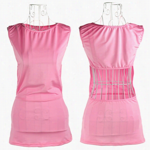 Women's Sexy Backless Pink Rou Nd Collar Sleeveless Mini Dress + G-string