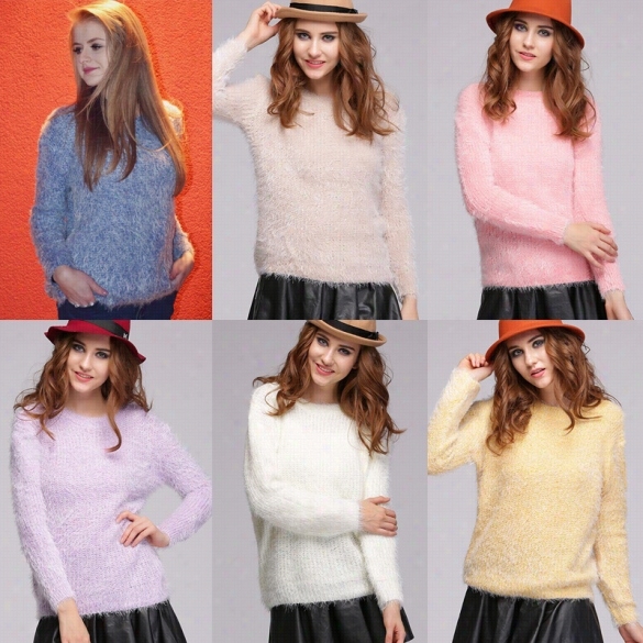 Women's Stylish Mohair Pure Candy Color Knitted Pullover Sweet Casual Sweater Outwear