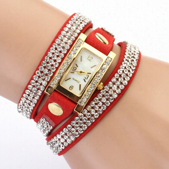 Women 's Vintage Square Dial Rhinestone Weave Wrap Multilayer Leather Bracelet Wr Ist Wathc Watches