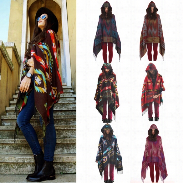 Women's Wool Blend Hoodeed Blanket Cloak Poncho Cape Outwear Coat Shawl