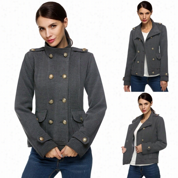 Zeagoo Wommen Fashion Casual Winter Woolen Ocat Double Breasted Military Short Jacket