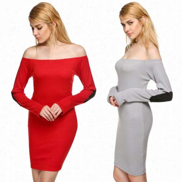 Zeagoo Women Ladies Of-fshoulder Protracted Sleevep Ure  Color Bodycon Stretch Slim Basic Dress