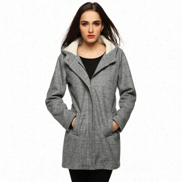 Zeagoo Women Winter Warm Hoodex Long Sleeve Zipper Long  Wool Blend Coat Outwear