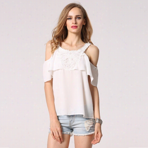 Acevog Chiffon Lacines Neck Hollow Shouleer Lotus Sleeve Top Blouse